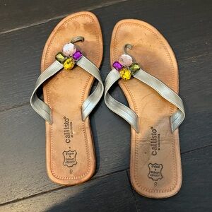 Callisto of California Leather Flip Flops- silver straps with colorful jewels